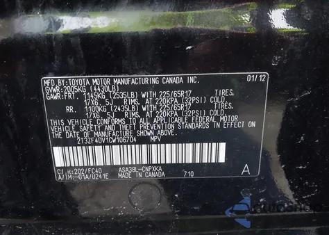 2012 Toyota Rav4 from USA, damaged, VIN 2T3ZF4DV1CW106704
